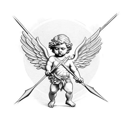 Cupid with wings, wings made from flowers. w the Cupid look like Greek methodology. Cupid hold the arrow backwards tattoo design idea