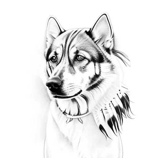penny, dog, native american feathers tattoo design idea