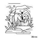 Create another tattoo idea, minimalist outline tattoo. Golden retriever and hay bales in the sunset  tattoo design idea