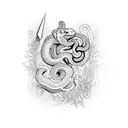 A dagger intertwined with a snake, surrounded by delicate flowers tattoo design idea