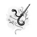 A dagger intertwined with a snake, surrounded by delicate flowers tattoo design idea