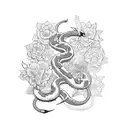 A dagger intertwined with a snake, surrounded by delicate flowers tattoo design idea