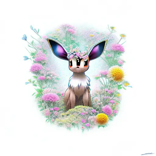 Eevee evolution surrounded by delicate flowers tattoo design idea
