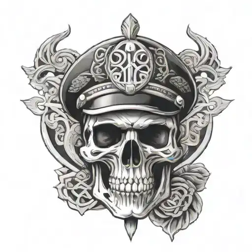 A skull wearing a skully hat adorned with Celtic patterns, surrounded by elements of the Caribbean and a police badge tattoo design idea