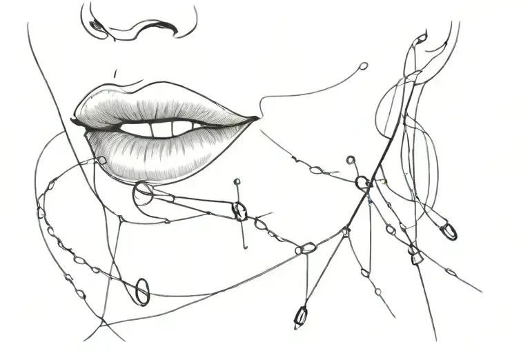 Lips in a slight grin. Safety pins stuck through the lips. tattoo design idea