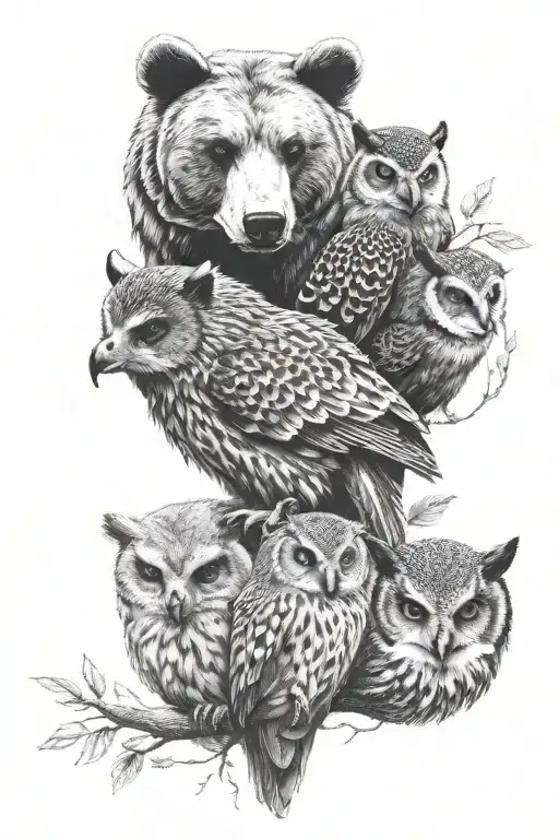 2 bear, hedgehog and owl tattoo design idea