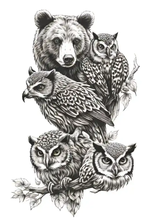 2 bear, hedgehog and owl tattoo design idea