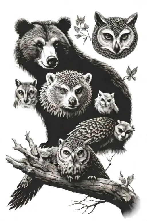 2 bear, hedgehog and owl tattoo design idea