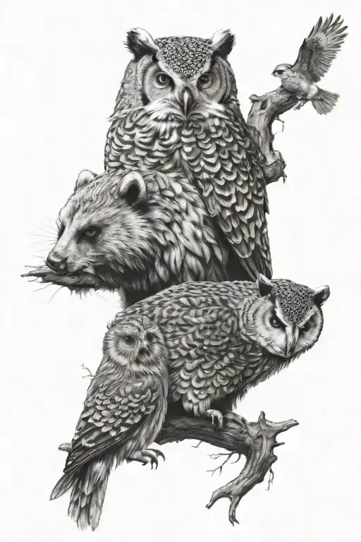2 bear, hedgehog and owl tattoo design idea