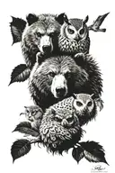 2 bear, hedgehog and owl tattoo design idea