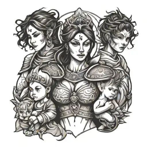 strong woman warrior mother two sons tattoo design idea