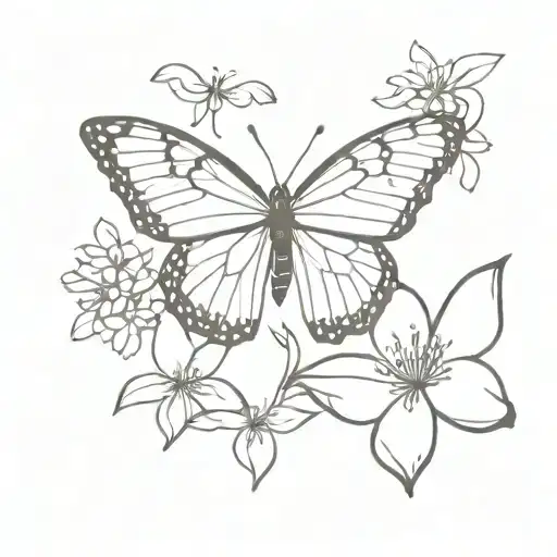 butterfly with flowers, thin lines on a white background, bw tattoo design idea
