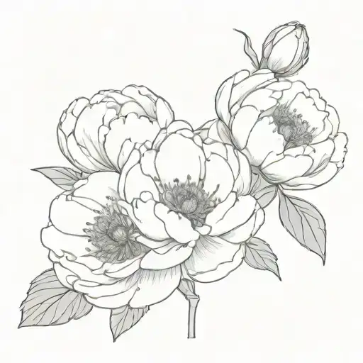 peonies with thin lines, elongated, with lines, bw, on a white background tattoo design idea