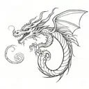 abstract dragon, Japan, curled tail, bw, on a white background with smoke tattoo design idea