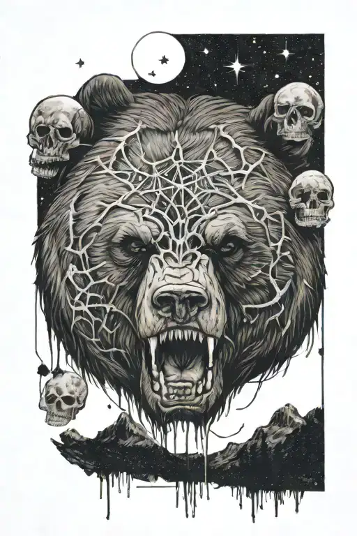 above the moon and falling stars forest the head of a bear with a grin below it a human skull with a spider inside tattoo design idea