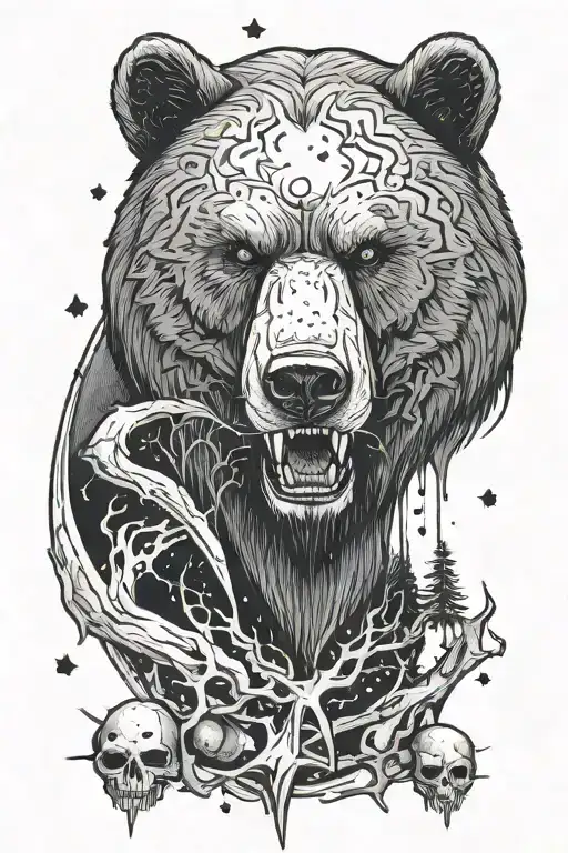 above the moon and falling stars forest the head of a bear with a grin below it a cracked skull with a spider inside tattoo design idea