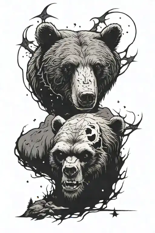 above the moon and falling stars forest the head of a bear with a grin below it a cracked skull with a spider inside tattoo design idea