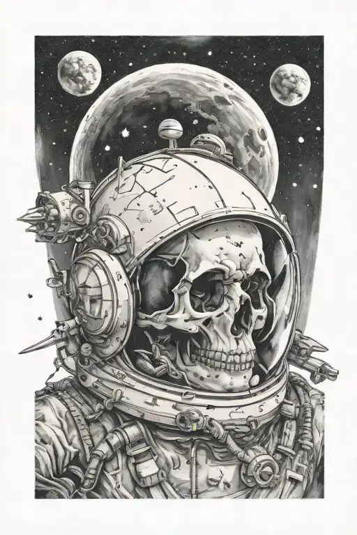 spaceman's skull and spaceship on the background and moon tattoo design idea