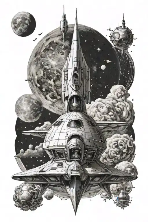 spaceship and moon on the background  tattoo design idea