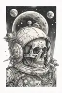 spaceman's skull and spaceship on the background and moon tattoo design idea