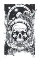 spaceman's skull and spaceship on the background and moon tattoo design idea
