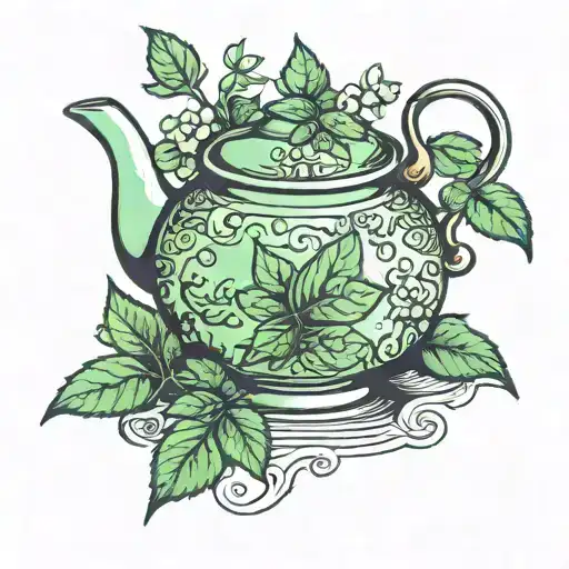 tea pot mint leaves growing from head mind body soul tattoo design idea