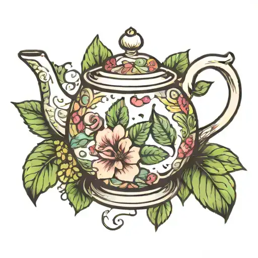 tea pot with mint leaves tattoo design idea