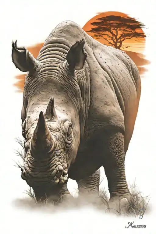 one charging rhino in front of orange red dramatic sundown in African savannah tattoo design idea