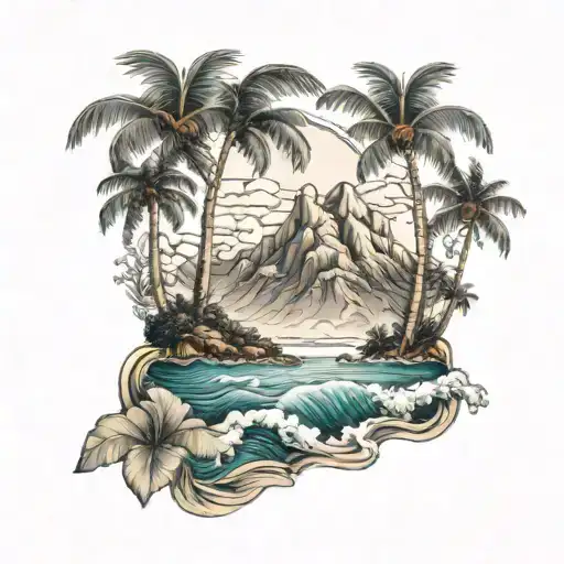 a mountain and oceanic landscape with palm trees, waves, home and family tattoo design idea