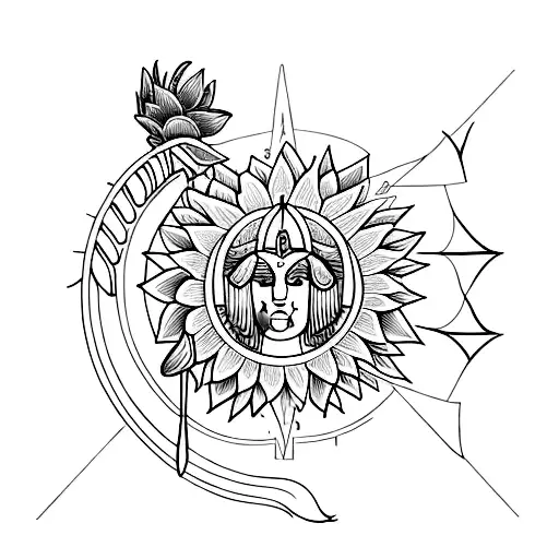 combine the goddess Athena with the star sign aries and the sunflower tattoo design idea