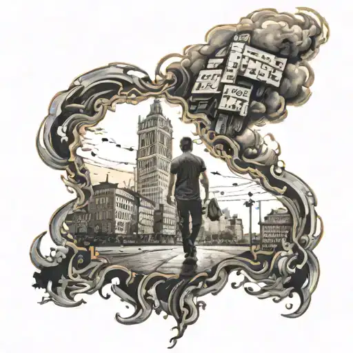 burning city with man walking towards tattoo design idea