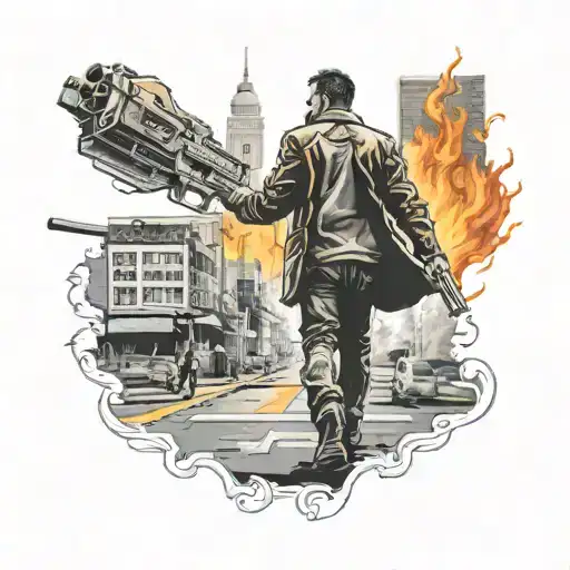 city on fire with man walking towards with gun tattoo design idea