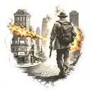 city on fire with man walking towards with gun tattoo design idea
