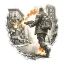 city on fire with man walking towards with gun tattoo design idea