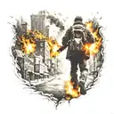 city on fire with man walking towards with gun tattoo design idea
