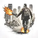 city on fire with man walking towards with gun tattoo design idea