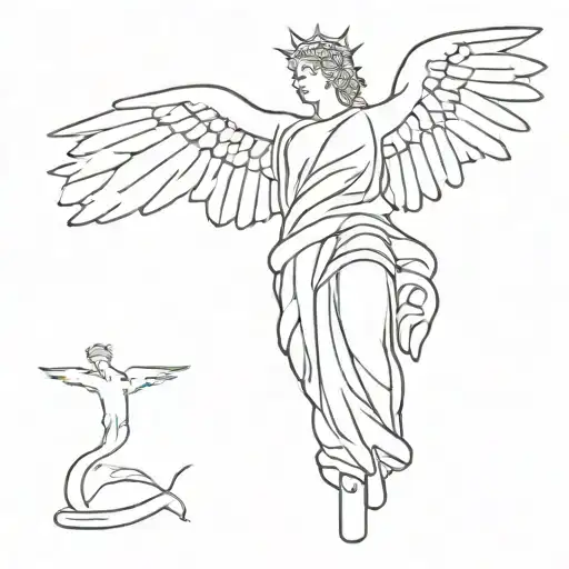 A minimalist tattoo of the winged victory of samothrace statue with a small crown of thorns floating above its neck tattoo design idea