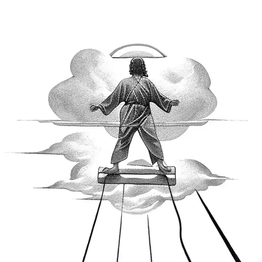 jesus on a cross in the clouds looking down on a boy  tattoo design idea