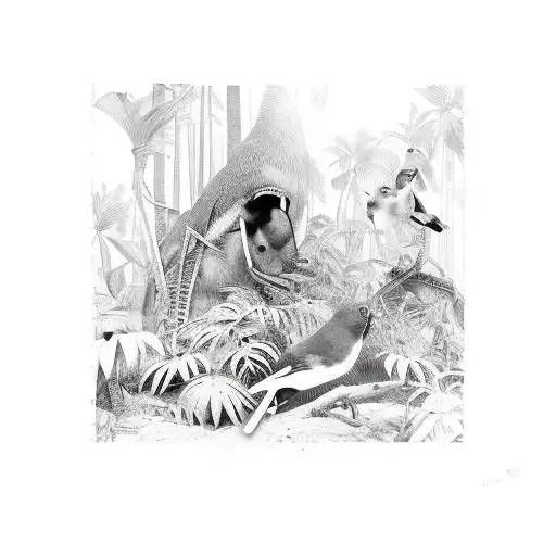 jungle and birds enclosed in a machete  tattoo design idea