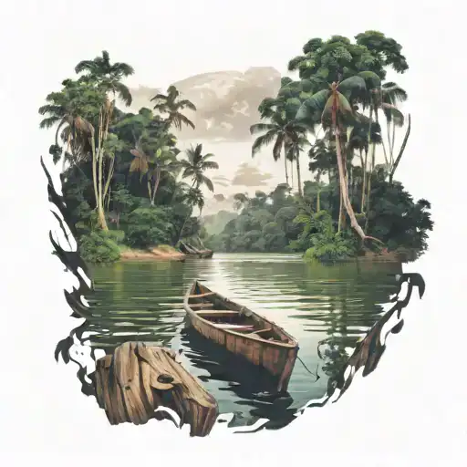 POV view of the end of a wooden canoe boat on the Amazon river with trees and the rainforest in background further on tattoo design idea