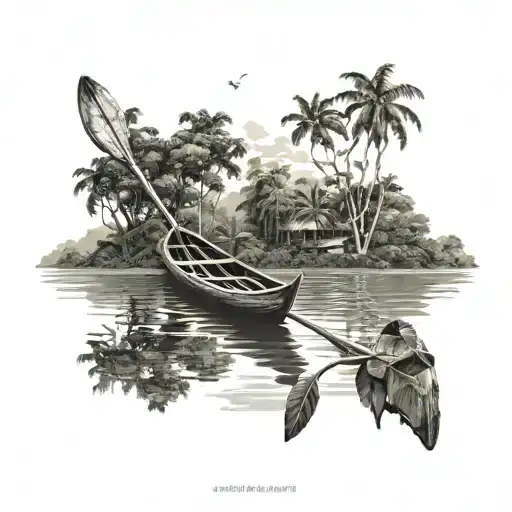 POV view of the end of a wooden canoe boat on the Amazon river with trees and the rainforest in the back tattoo design idea