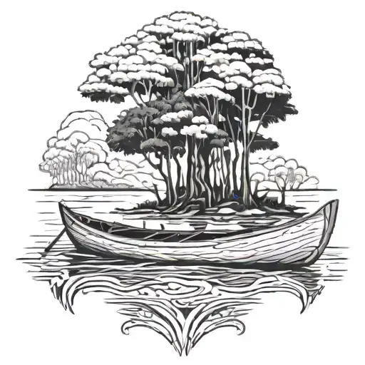 POV view looking at the end part of a wooden canoe boat in the Amazon with big trees and the Amazon river in the back tattoo design idea