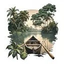 POV view of the end of a wooden canoe boat on the Amazon river with trees and the rainforest in background further on tattoo design idea