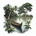 POV view of the end of a wooden canoe boat on the Amazon river with trees and the rainforest in background further on tattoo design idea