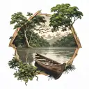 POV view of the end of a wooden canoe boat on the Amazon river with trees and the rainforest in background further on tattoo design idea