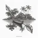 POV view of the end of a wooden canoe boat on the Amazon river with trees and the rainforest in the back tattoo design idea