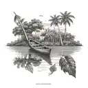 POV view of the end of a wooden canoe boat on the Amazon river with trees and the rainforest in the back tattoo design idea