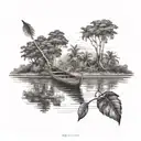 POV view of the end of a wooden canoe boat on the Amazon river with trees and the rainforest in the back tattoo design idea