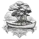 POV view looking at the end part of a wooden canoe boat in the Amazon with big trees and the Amazon river in the back tattoo design idea