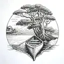 POV view looking at the end part of a wooden canoe boat in the Amazon with big trees and the Amazon river in the back tattoo design idea